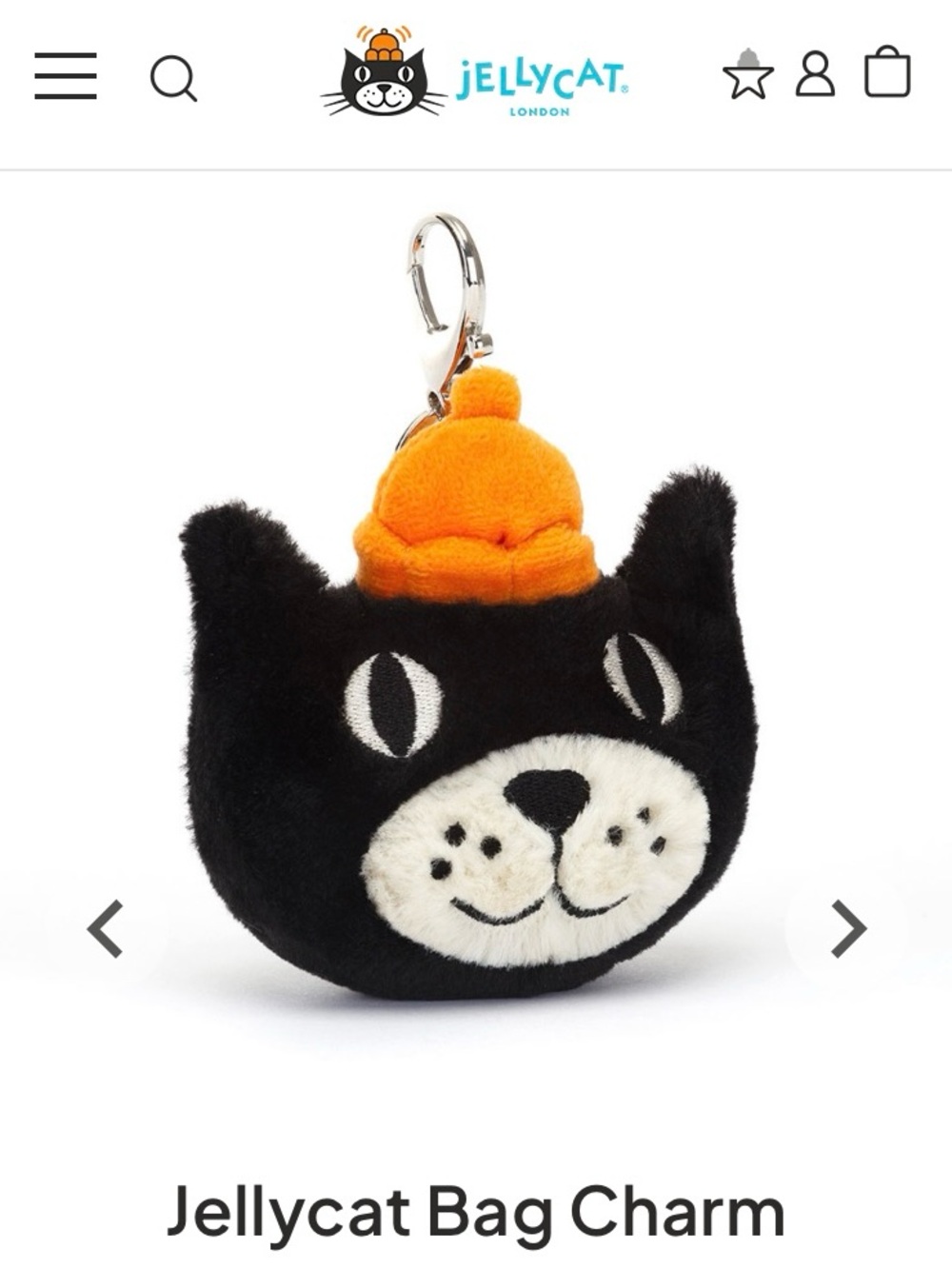 BNWT🐱🐈‍⬛Jellycat Jack Bag Charm Classic Black White Cat Head Plush w/ Orange Hat